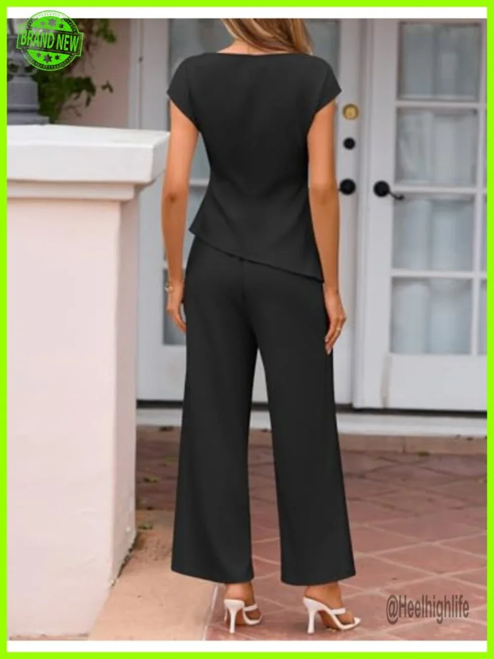 Women's 2 Piece Set - Boat Neck Top & Elastic High Waisted Wide Leg Pants